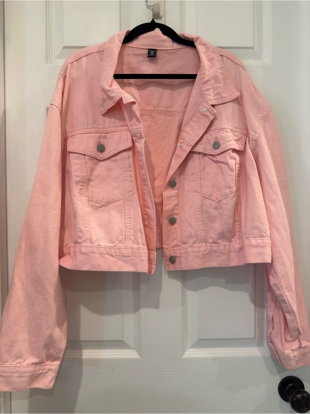 Pink Cropped Button Front Denim Jacket